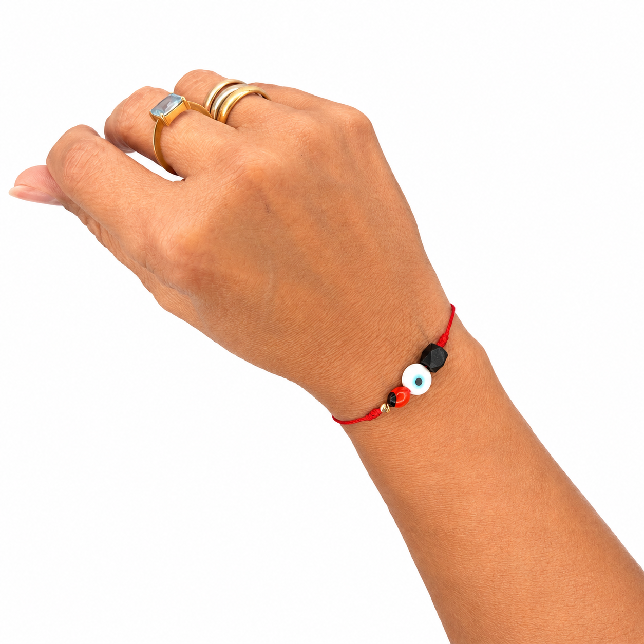 ALMAMIA Brand Adjustable Red Macrame Bracelet with Evil Eye, Peony Seed, Black Azabache and 18K Gold Bead – Handmade Protection Bracelet for Women
