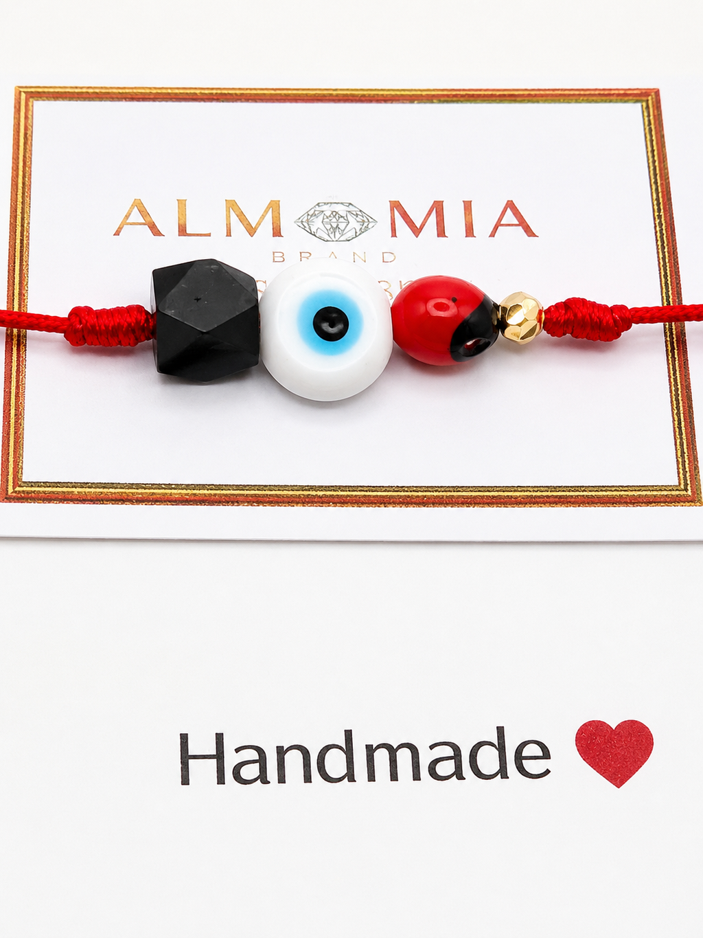 ALMAMIA Brand Adjustable Red Macrame Bracelet with Evil Eye, Peony Seed, Black Azabache and 18K Gold Bead – Handmade Protection Bracelet for Women