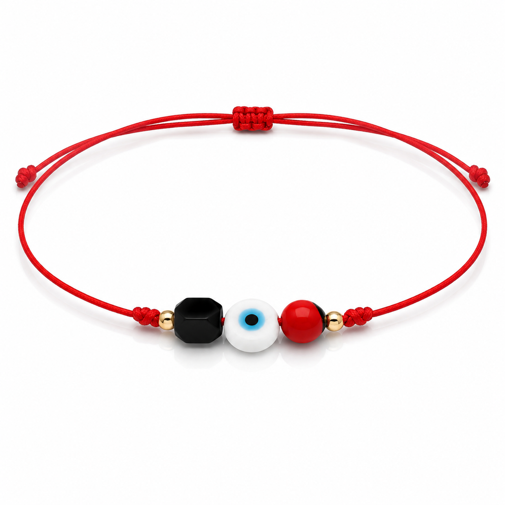 ALMAMIA Brand Adjustable Red Macrame Bracelet with Evil Eye, Peony Seed, Black Azabache and 18K Gold Bead – Handmade Protection Bracelet for Women