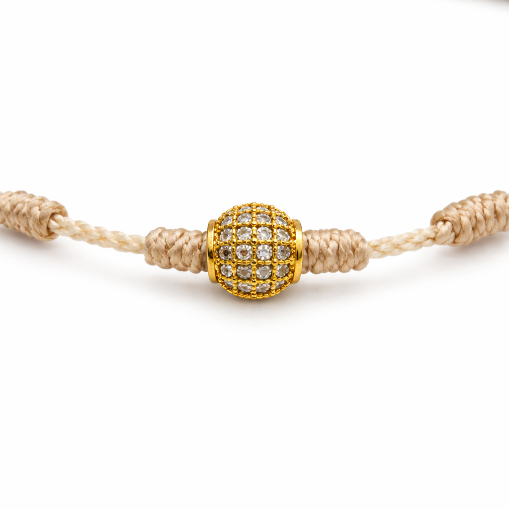 Gold 7 Knots Bracelet with Zircons – Adjustable Protection String Bracelet with Gold Crystal Bead – Spiritual Lucky Jewelry