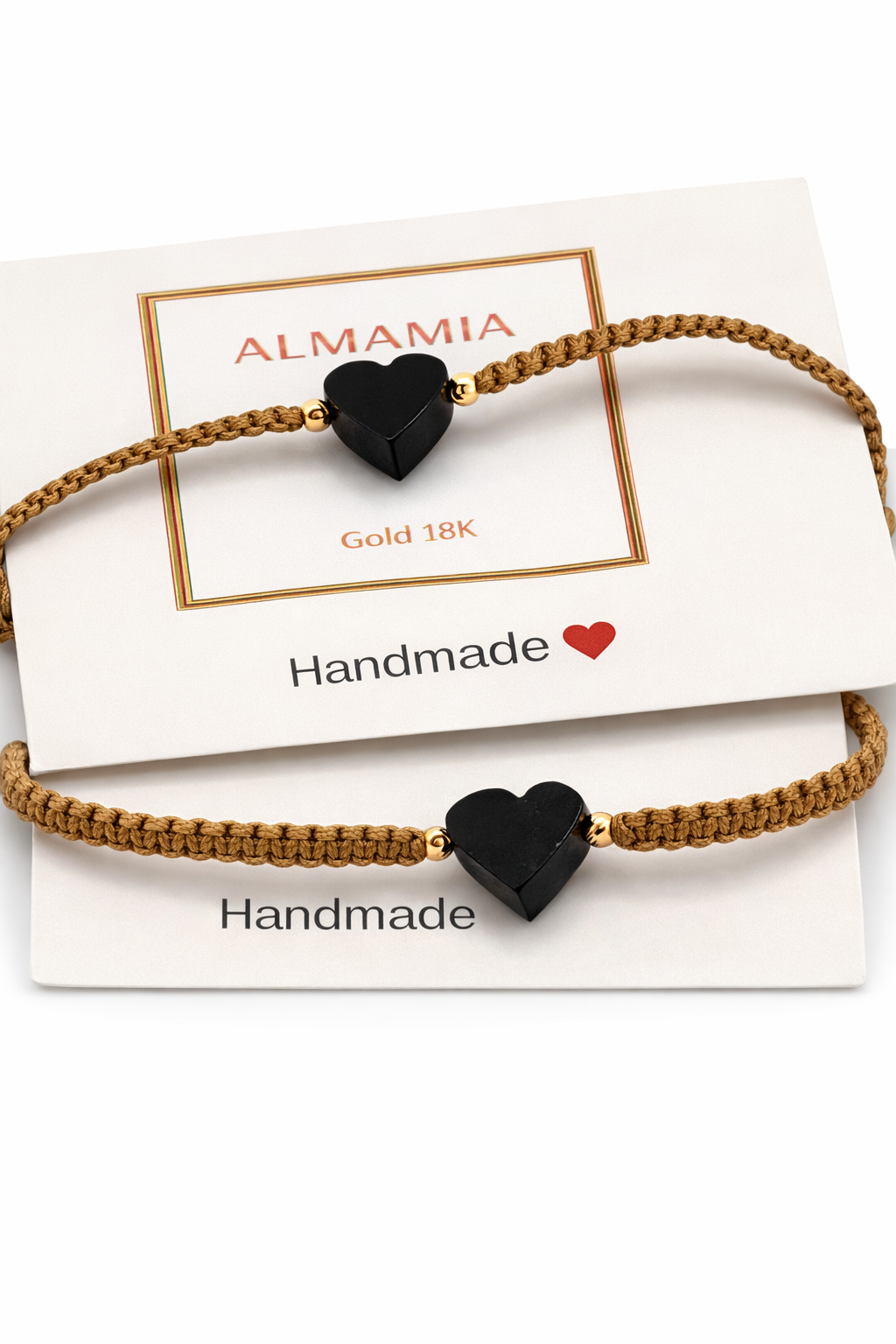 Handmade Macramé Bracelet with Jet Heart & 18K Gold Beads – Adjustable Unisex Spiritual Protection Jewelry. Beige
