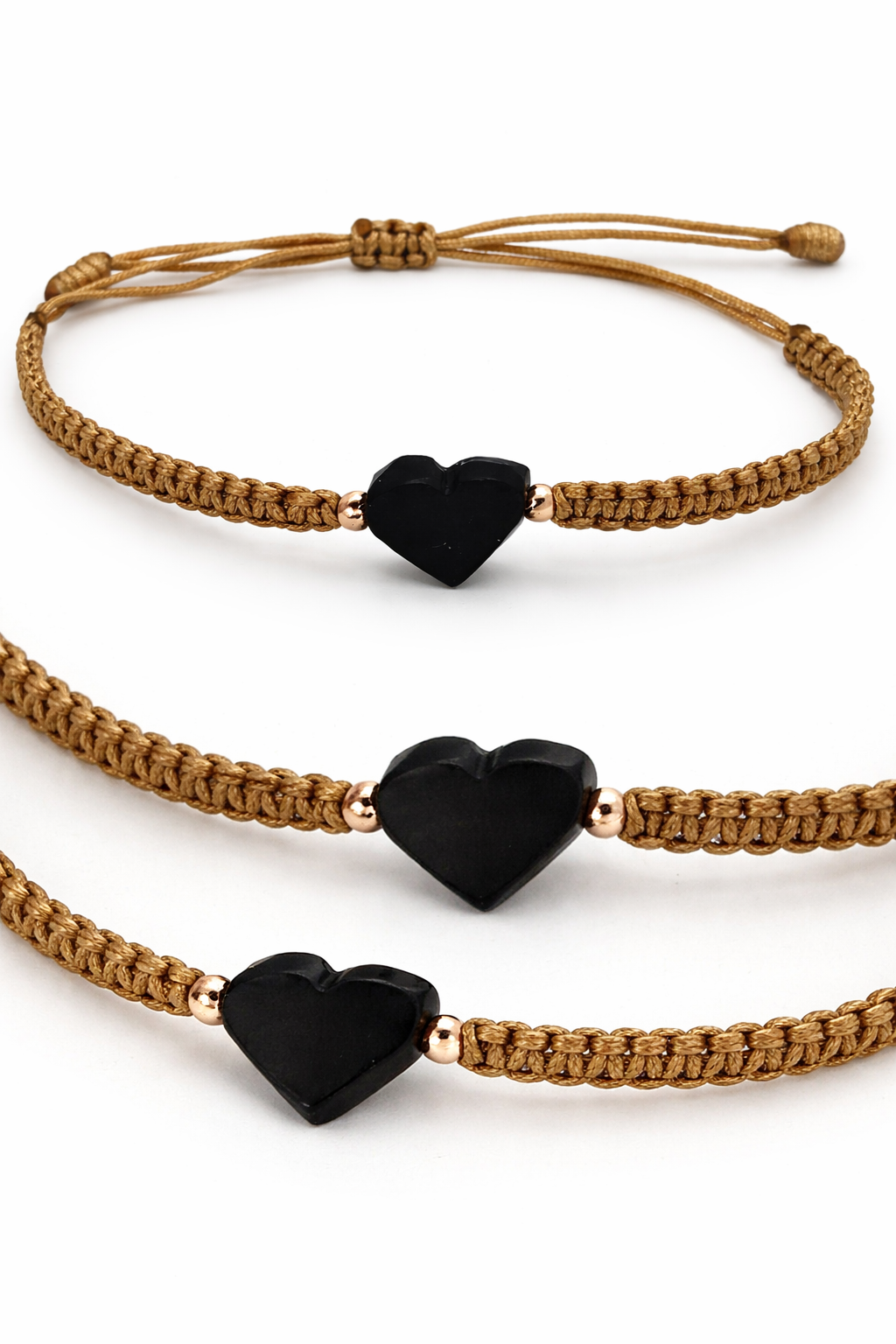 Handmade Macramé Bracelet with Jet Heart & 18K Gold Beads – Adjustable Unisex Spiritual Protection Jewelry. Beige