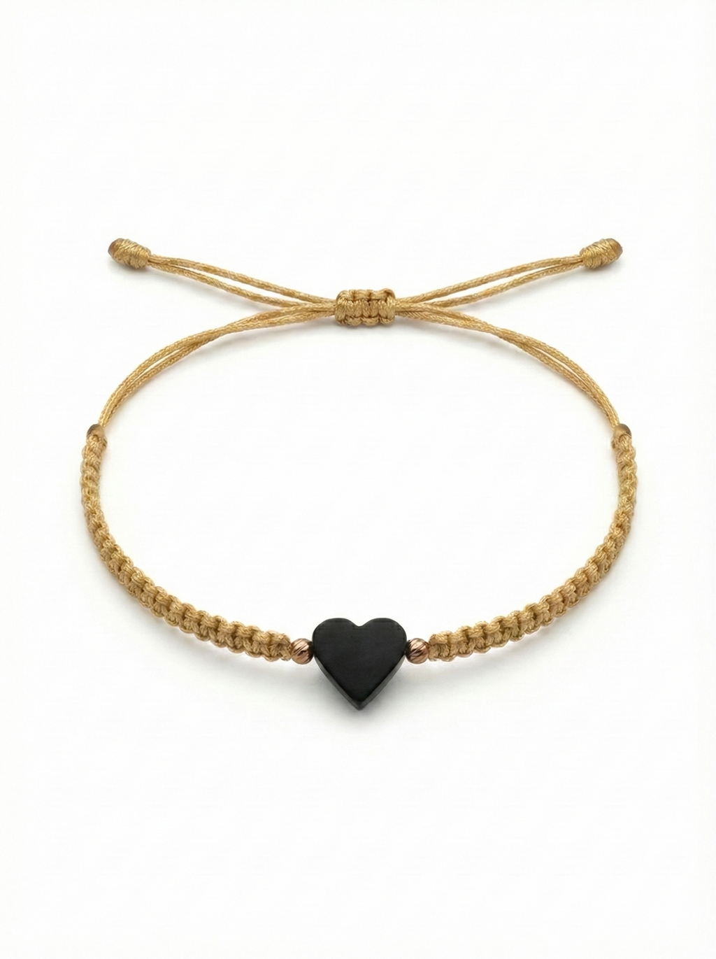 Handmade Macramé Bracelet with Jet Heart & 18K Gold Beads – Adjustable Unisex Spiritual Protection Jewelry. Beige
