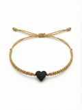Handmade Macramé Bracelet with Jet Heart & 18K Gold Beads – Adjustable Unisex Spiritual Protection Jewelry. Beige