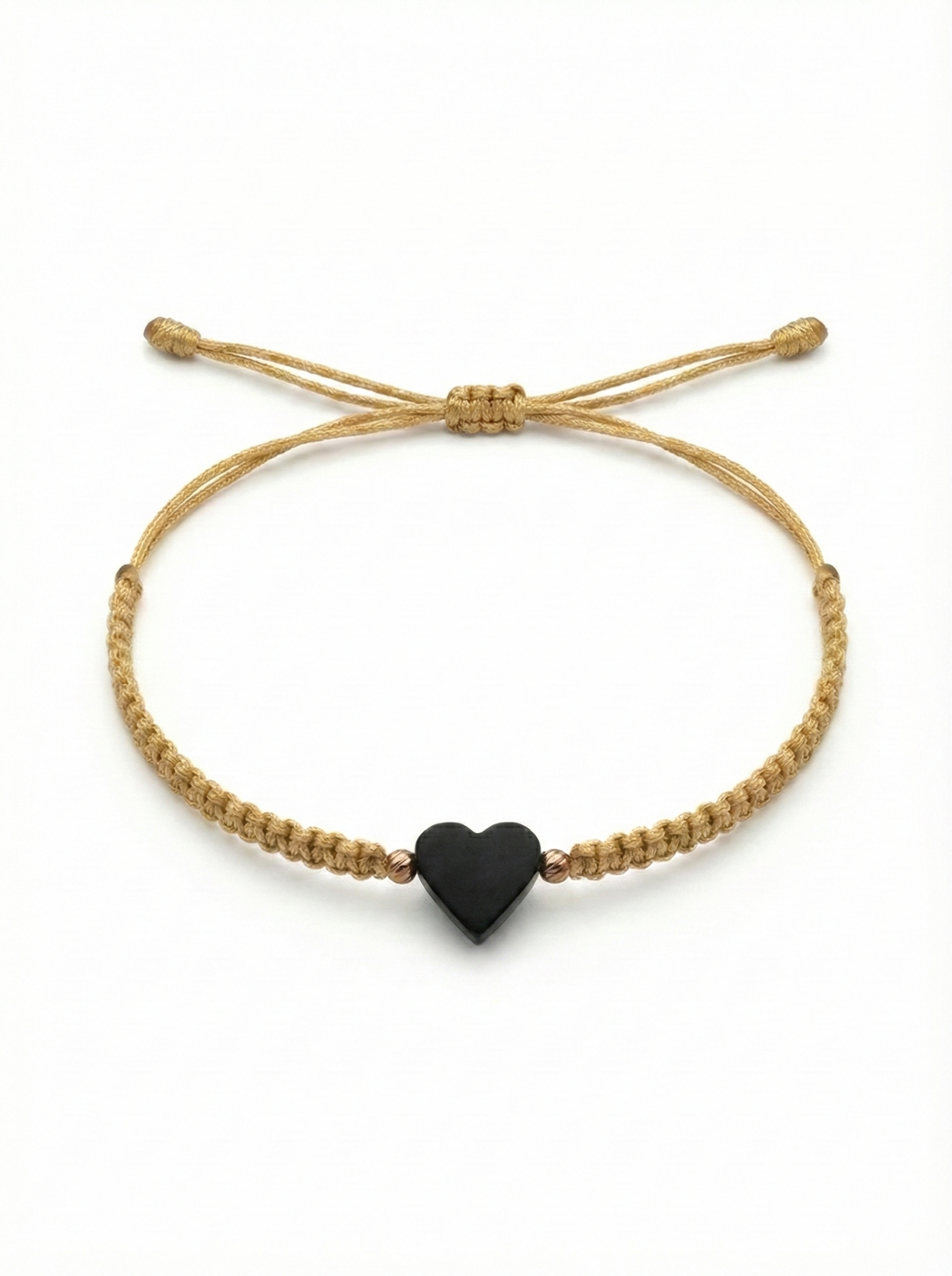 Handmade Macramé Bracelet with Jet Heart & 18K Gold Beads – Adjustable Unisex Spiritual Protection Jewelry. Beige
