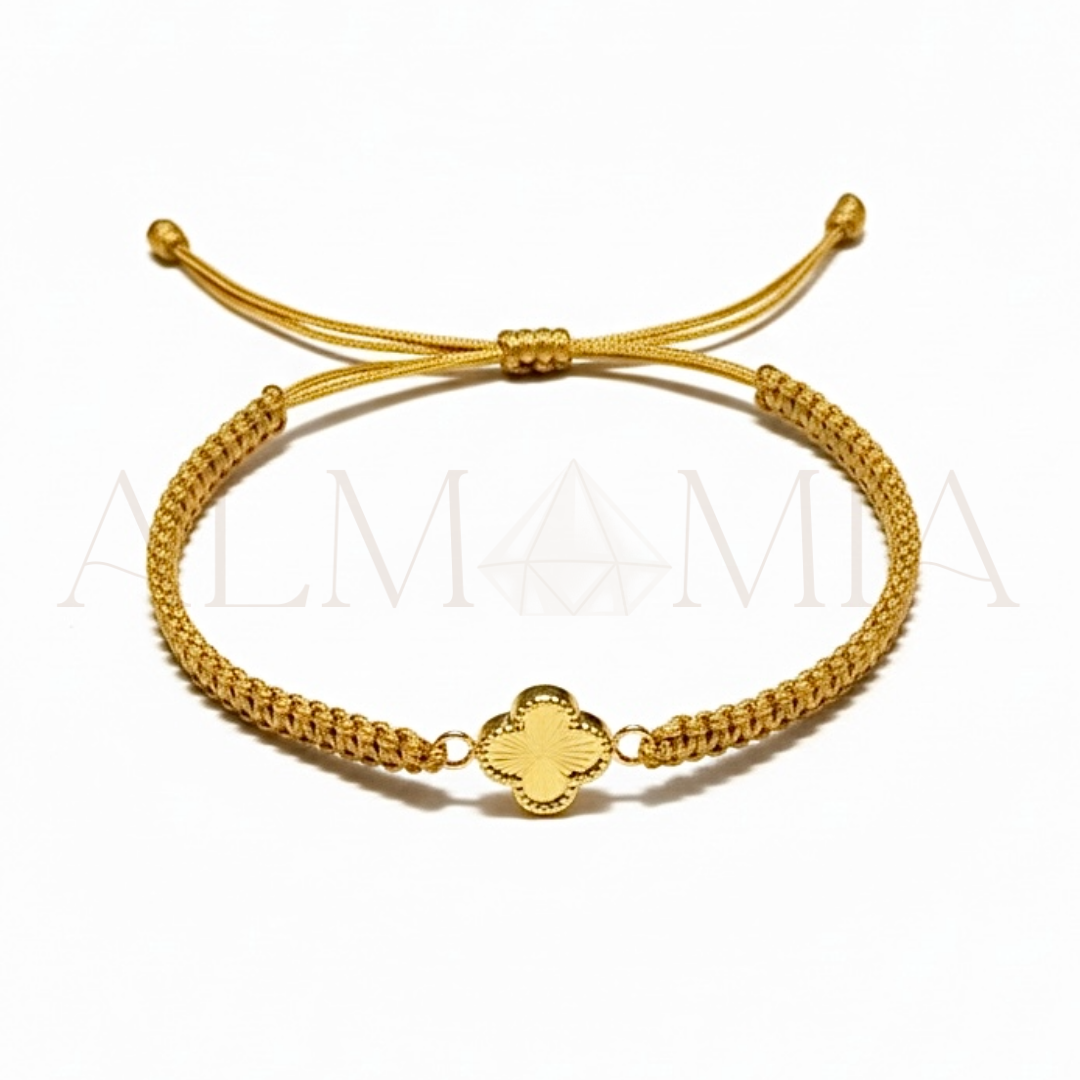18K Gold Clover Charm Macramé Bracelet – Adjustable, Van Cleef Style Inspire