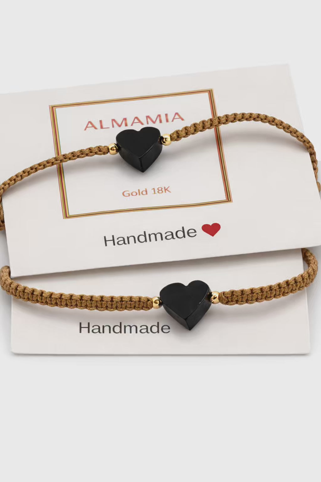 Handmade Macramé Bracelet with Jet Heart & 18K Gold Beads – Adjustable Unisex Spiritual Protection Jewelry. Beige